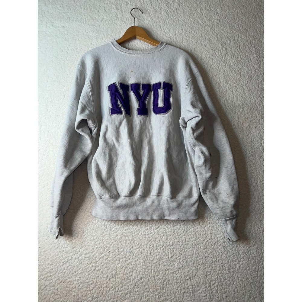 Vintage L NYU Reverse Weave Style Heather Gray Sweatshirt Purple Applique Letter